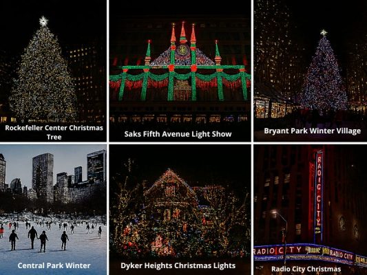 destinasi populer Christmas di New York, termasuk Rockefeller Center, Saks Fifth Avenue, Bryant Park, Central Park, Dyker Heights, dan Radio City